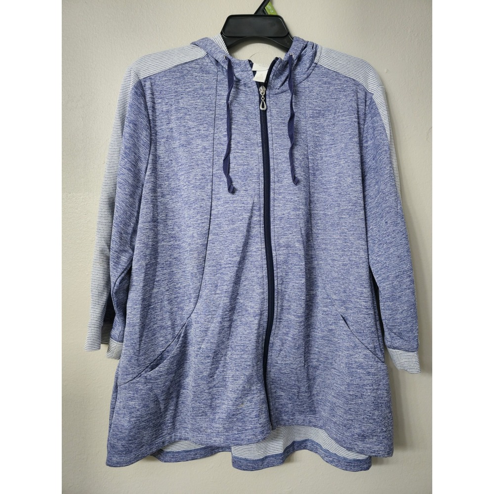 Weekends by Chicos Blue Space Dye Full Zip Hoodie Striped Trim Size 3 XL